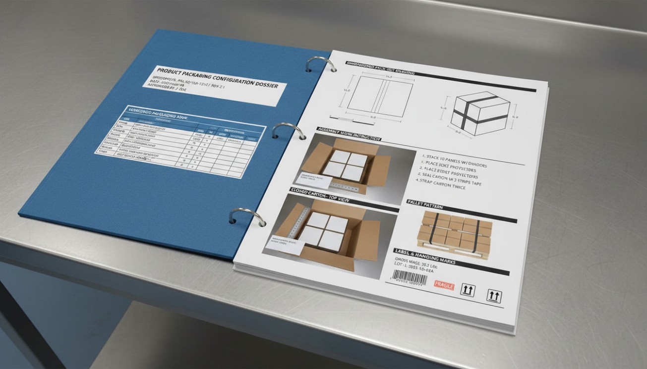 Version-controlled packaging dossier with carton drawings, pack-out photos, pallet pattern and handling labels